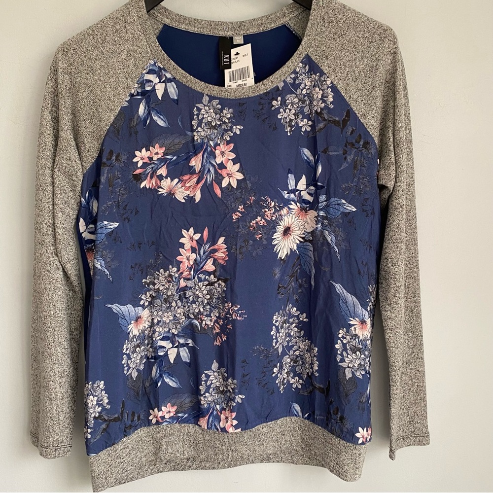 NEW Kut From The Kloth Slate Blue Floral Raglan Sleeve Top M - Picture 2 of 8